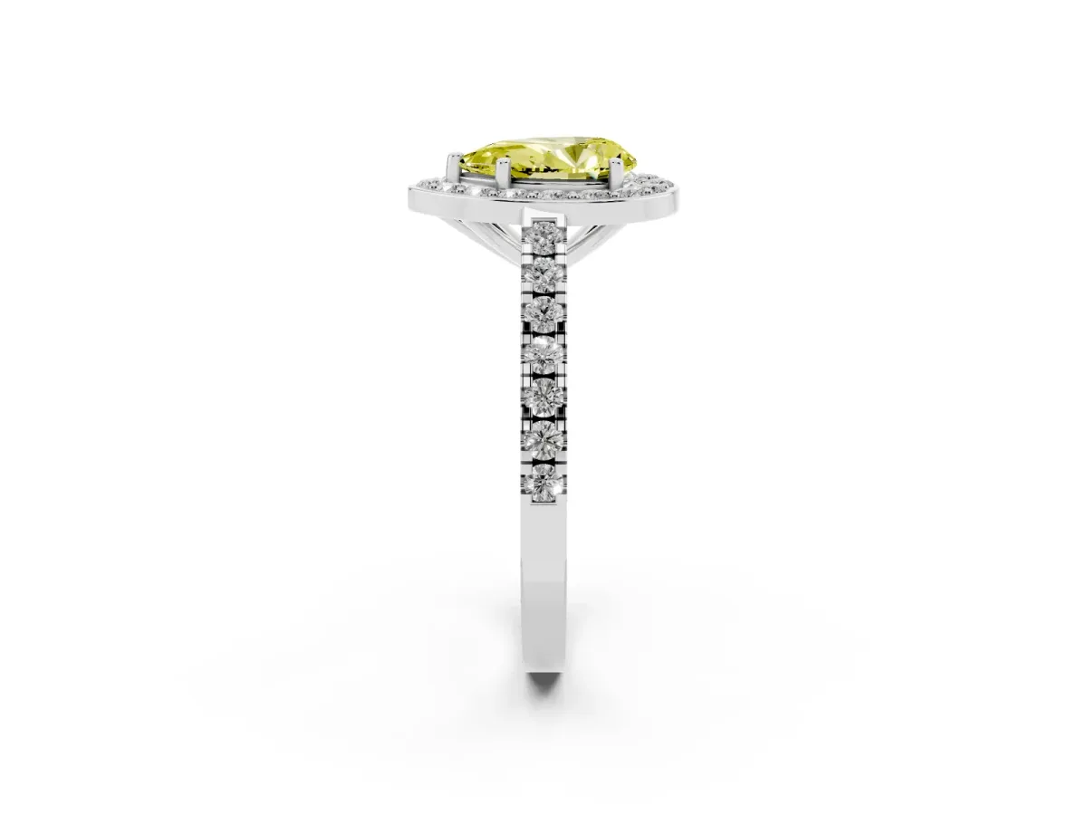 Fancy Yellow Pear Cut Diamond Halo Ring with Round Pavé Split Shank and Prong Setting Silver