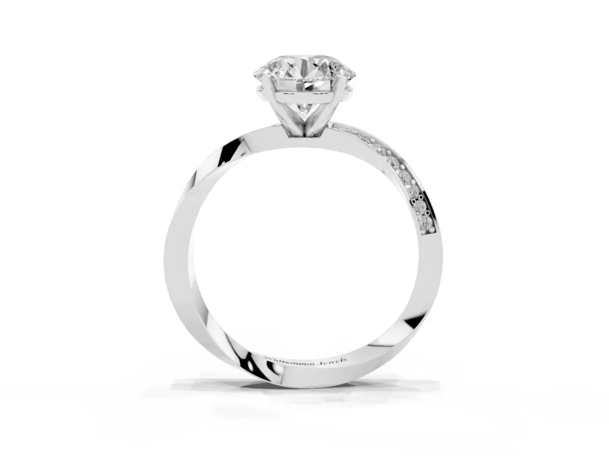 Round Cut Diamond Engagement Ring with Side Stone Accents and Four-Prong Setting Silver