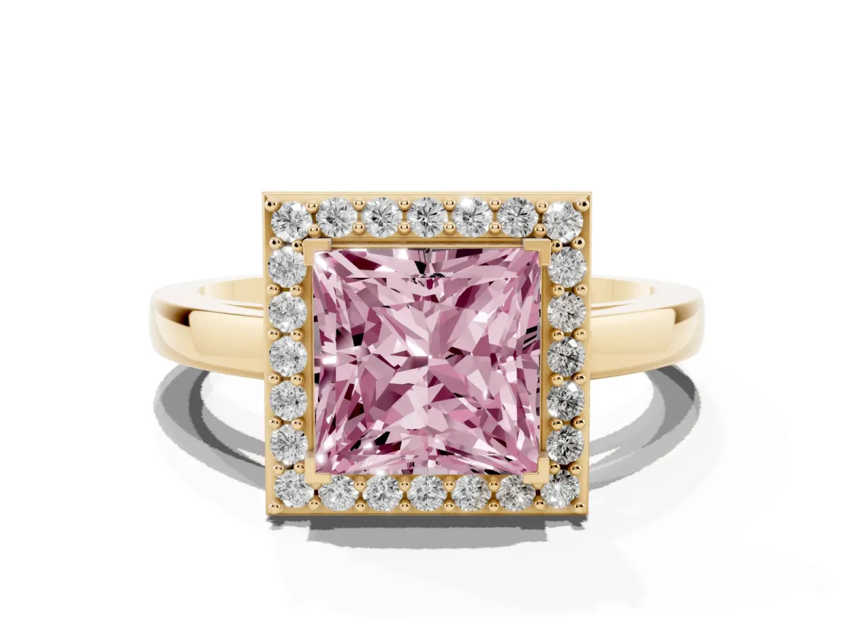 Fancy Pink Princess Cut Halo Diamond Ring with Solitaire Band and Prong Setting Yellow gold