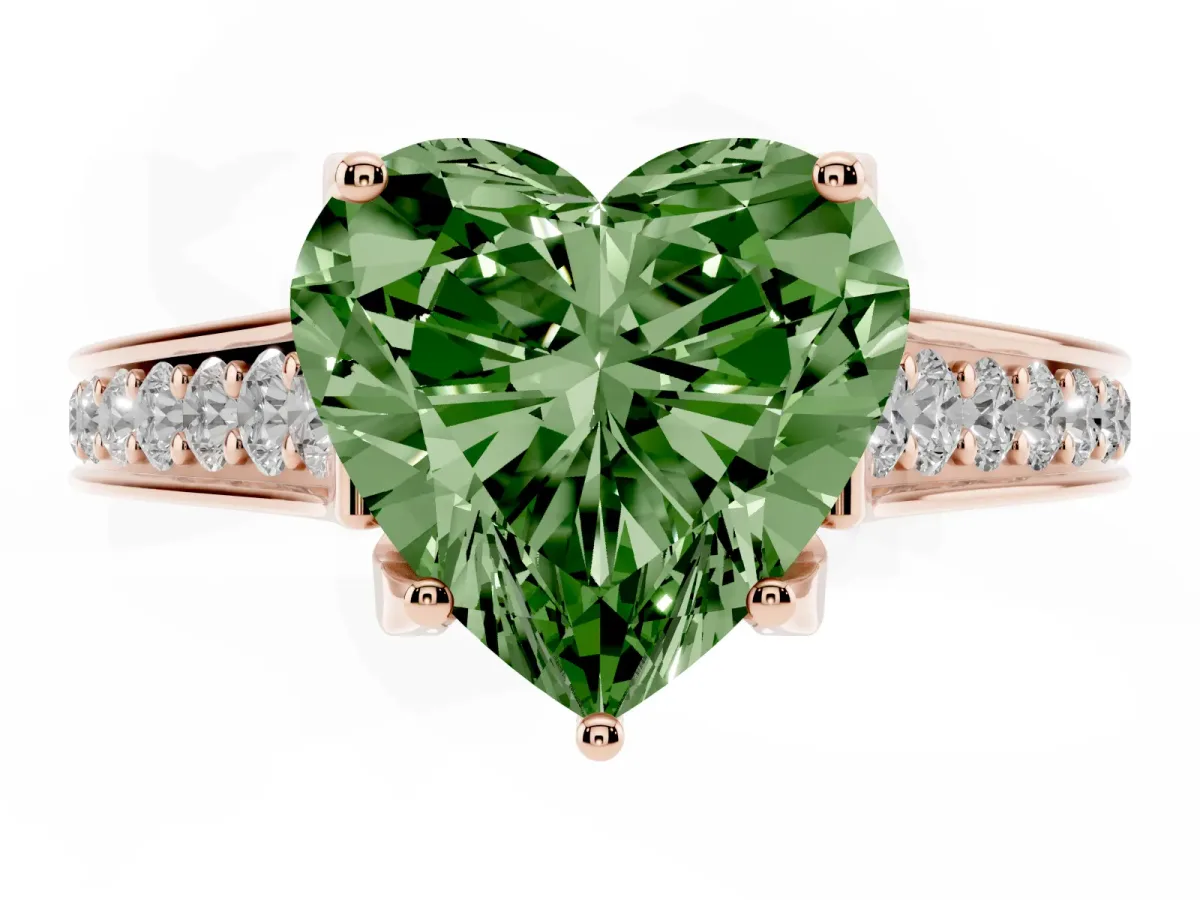 Fancy Green Heart Cut Brilliant Cut Diamond Engagement Ring with Pavé Band and Four-Prong Setting Rose gold