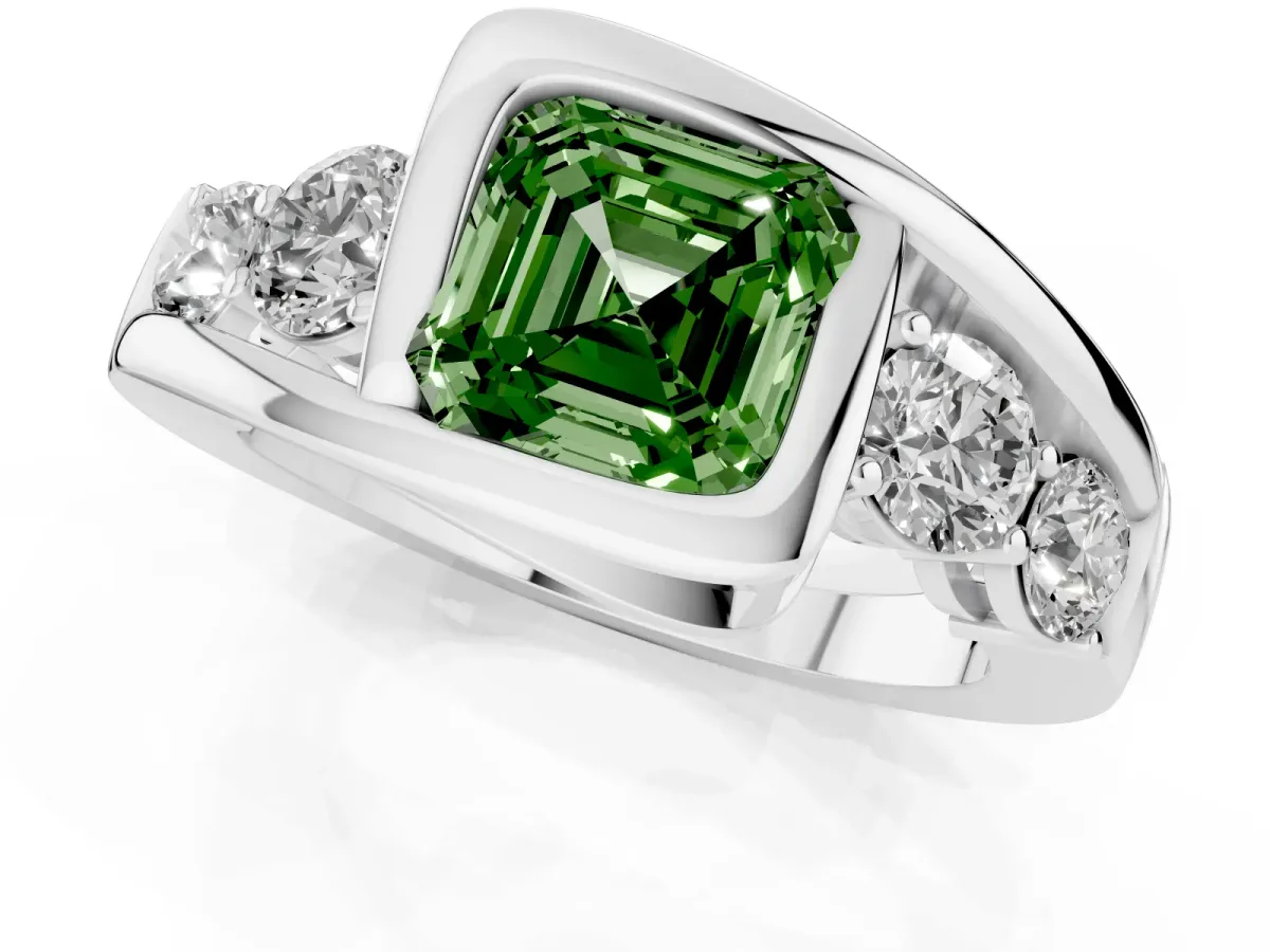Fancy Green Bezel Set Asscher Cut Diamond Bypass Ring with Round Accents Silver