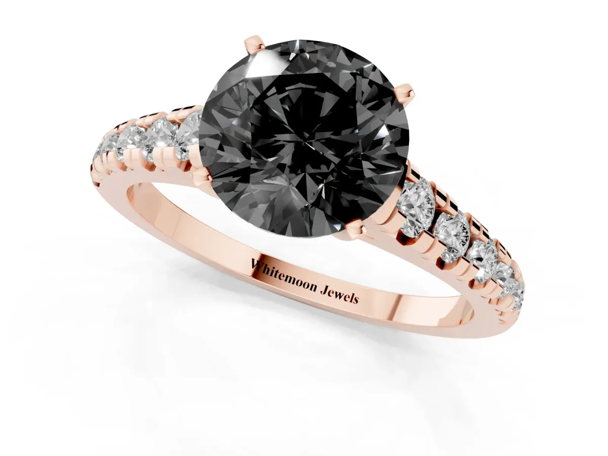 Fancy Black Round Cut Diamond Cathedral Solitaire Ring with Round Pavé Band Rose gold