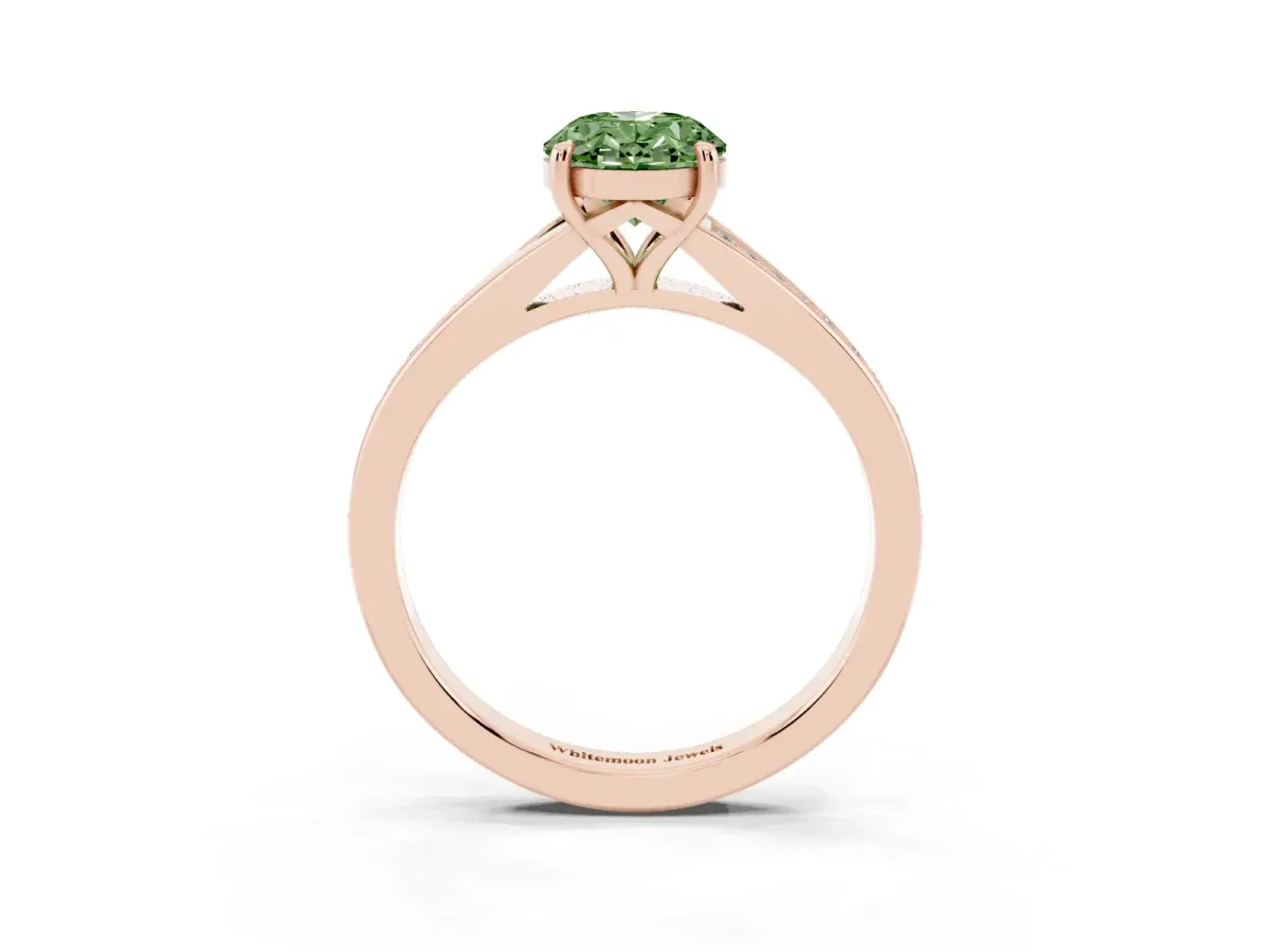 Fancy Green Oval Cut Diamond Solitaire Ring with Pavé Band and Prong Setting Rose gold
