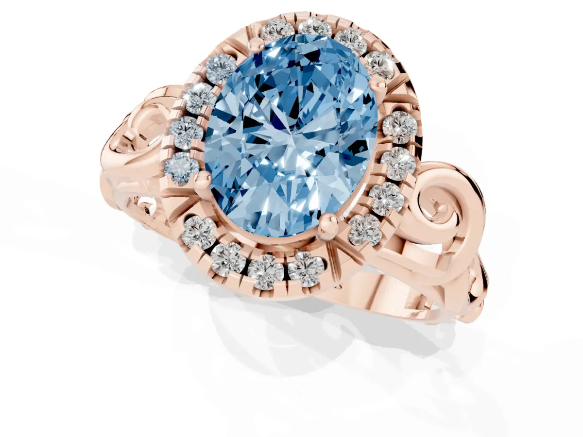 Fancy Blue Oval Cut Cut Halo Diamond Ring with Scrollwork Band and Four-Prong Setting Rose gold