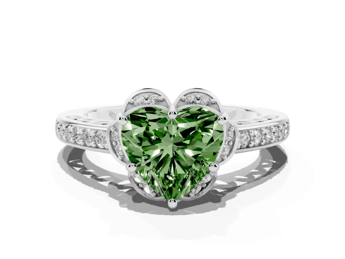 Fancy Green Heart Cut Cut Halo Diamond Ring with Channel Set Band and Four-Prong Setting Platinum