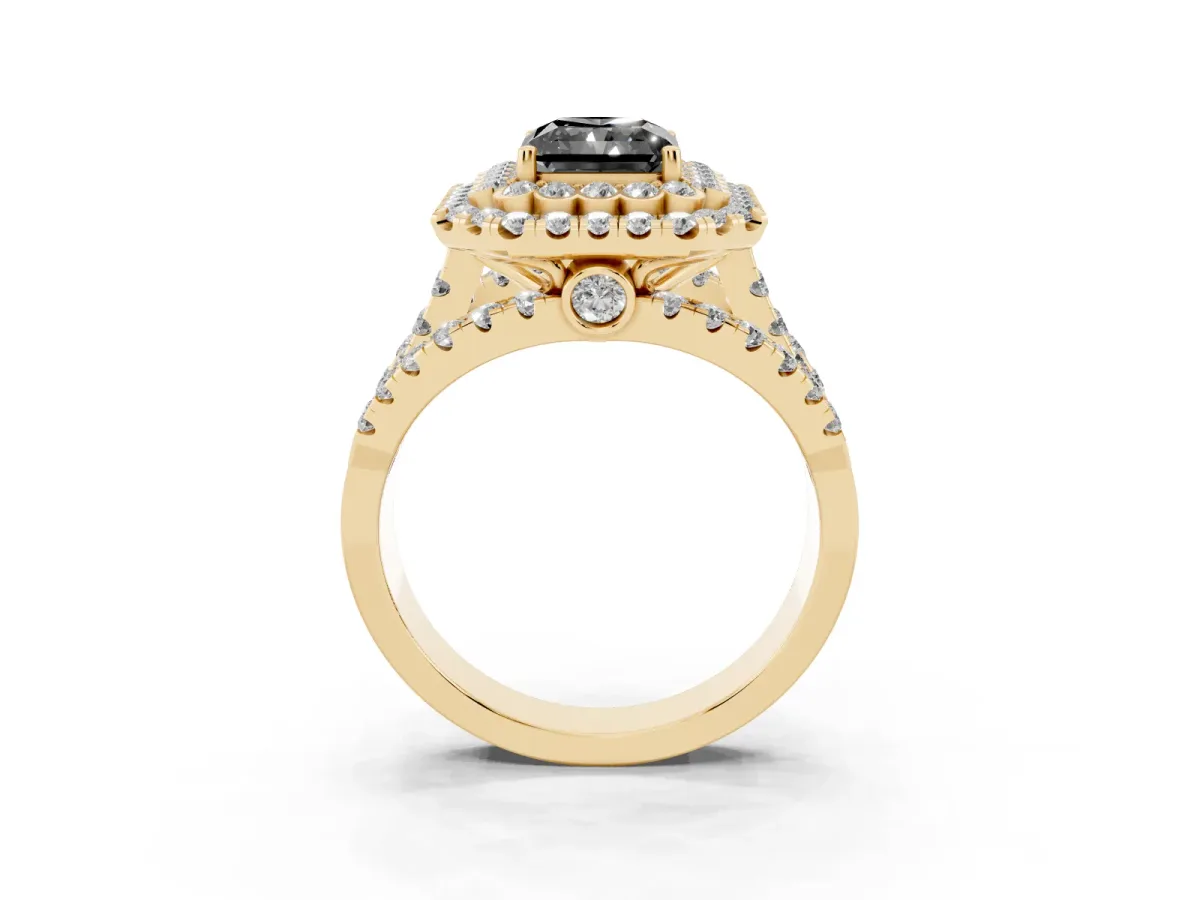 Fancy Black Radiant Cut Diamond Double Halo Ring with Round Pavé Split Shank and Prong Setting Yellow gold