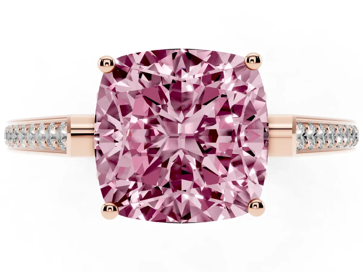 Fancy Pink Cushion Cut Cut Cathedral Pave Diamond Engagement Ring with Six-Prong Setting Rose gold