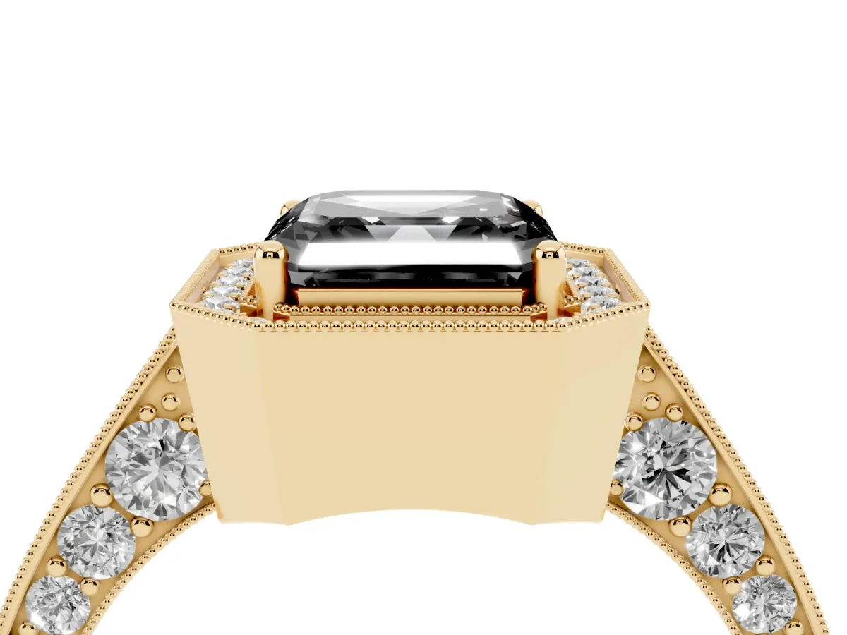 Fancy Black Asscher Cut Halo Diamond Engagement Ring with Split Shank Band and Four-Prong Setting Yellow gold