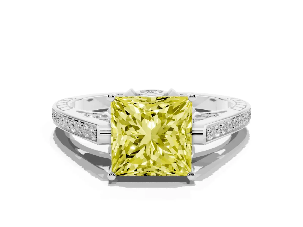 Fancy Yellow Princess Cut Cut Cathedral Pave Diamond Engagement Ring with Six-Prong Setting Silver