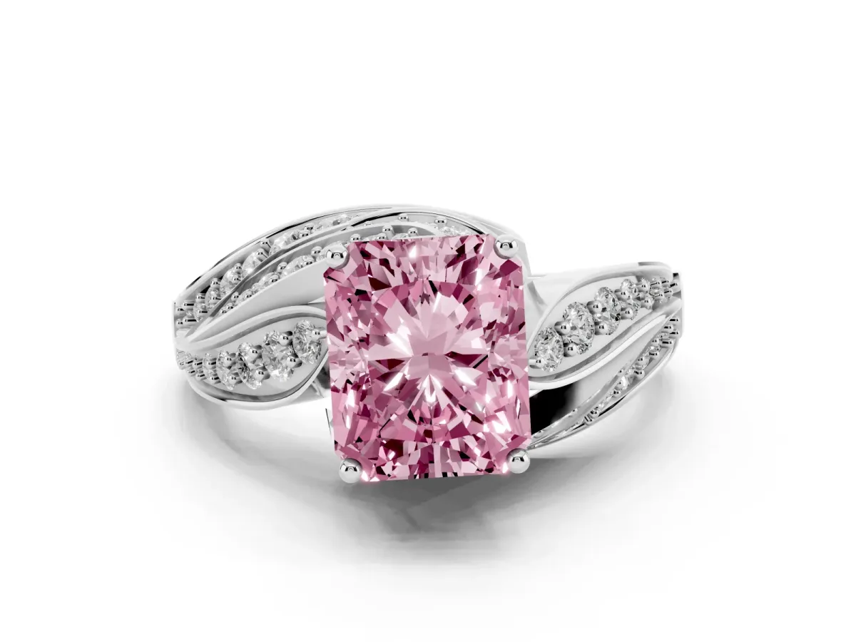 Fancy Pink Radiant Cut Diamond Solitaire Ring with Prong Setting and Twisted Pavé Band Platinum