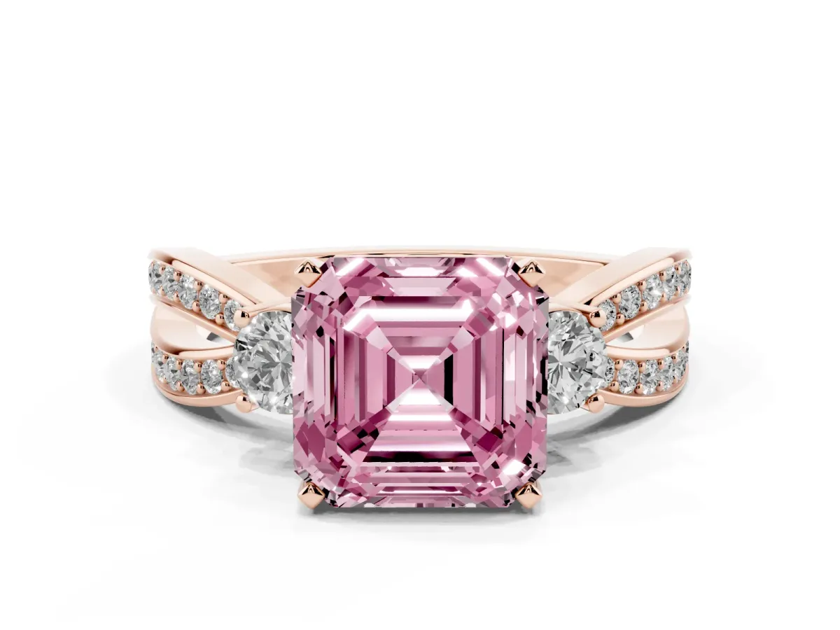 Fancy Pink Three-Stone Asscher Cut Cut Diamond Twist Band with Prong Setting Rose gold