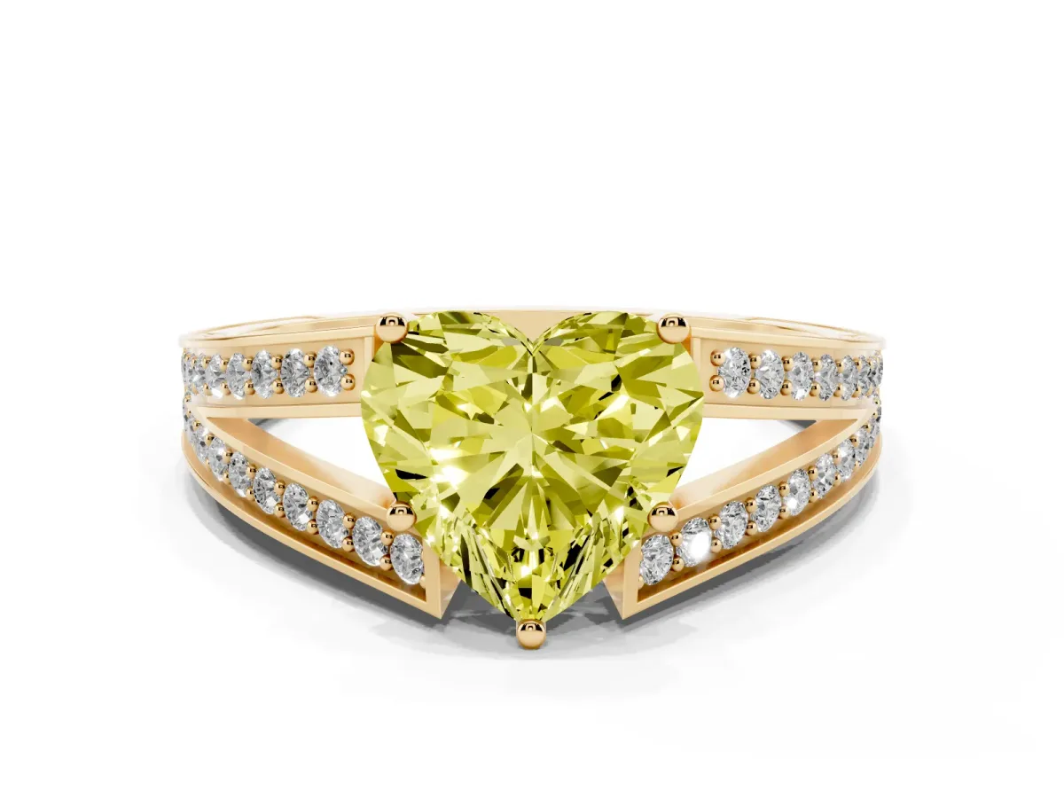 Fancy Yellow Heart Cut Diamond Split Shank Ring with Pavé Band and Four-Prong Setting Yellow gold
