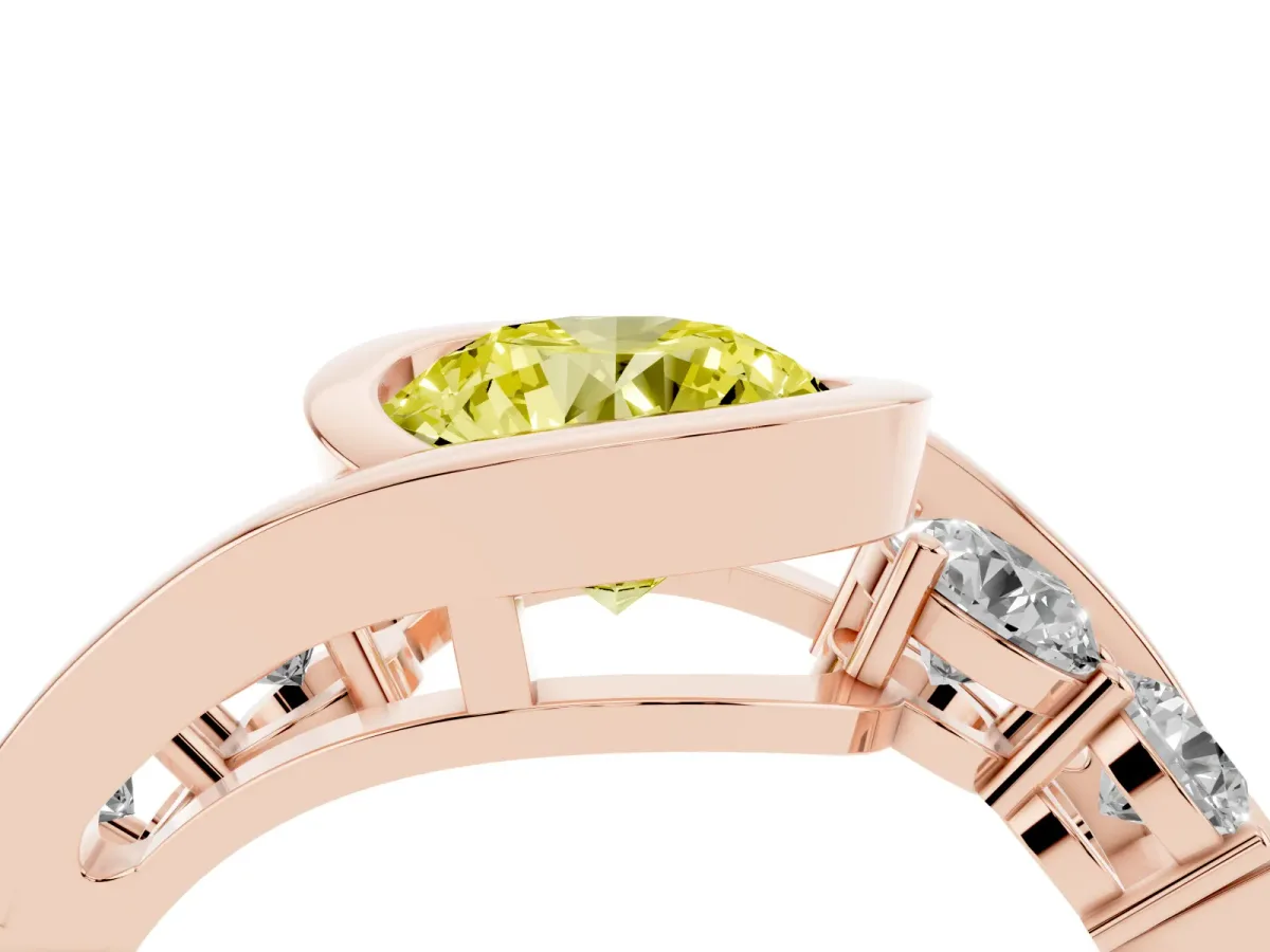 Fancy Yellow Bezel Set Round Cut Diamond Bypass Ring with Round Accents Rose gold
