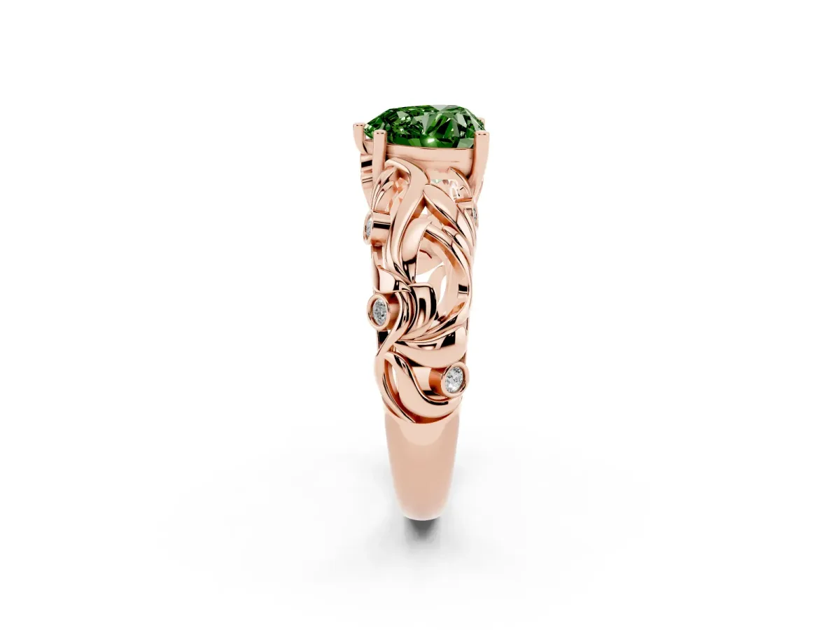 Fancy Green Heart Cut Solitaire Diamond Leaf-Inspired Vine Band Ring with Prong Setting Rose gold