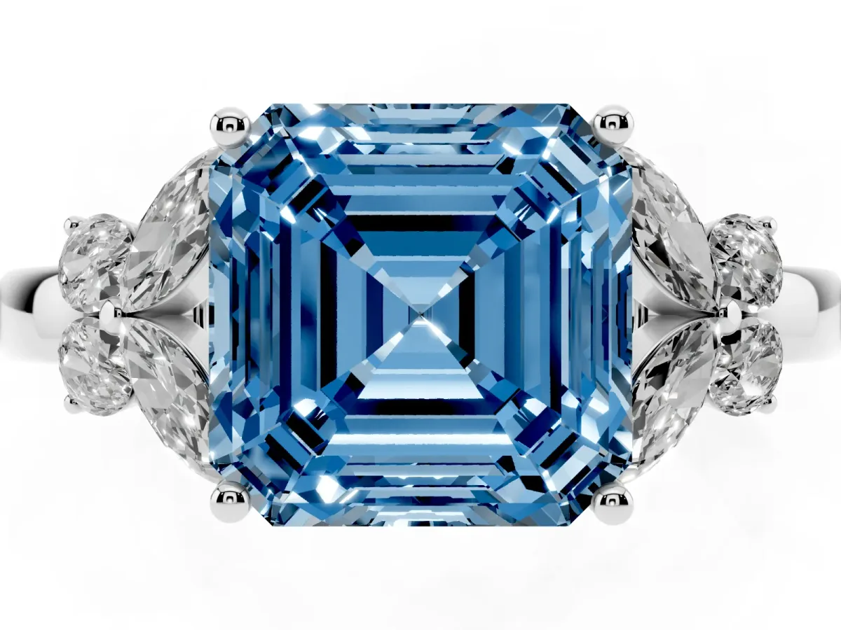 Fancy Blue Asscher Cut Cut Solitaire Floral Diamond Ring with Four-Prong Setting Silver