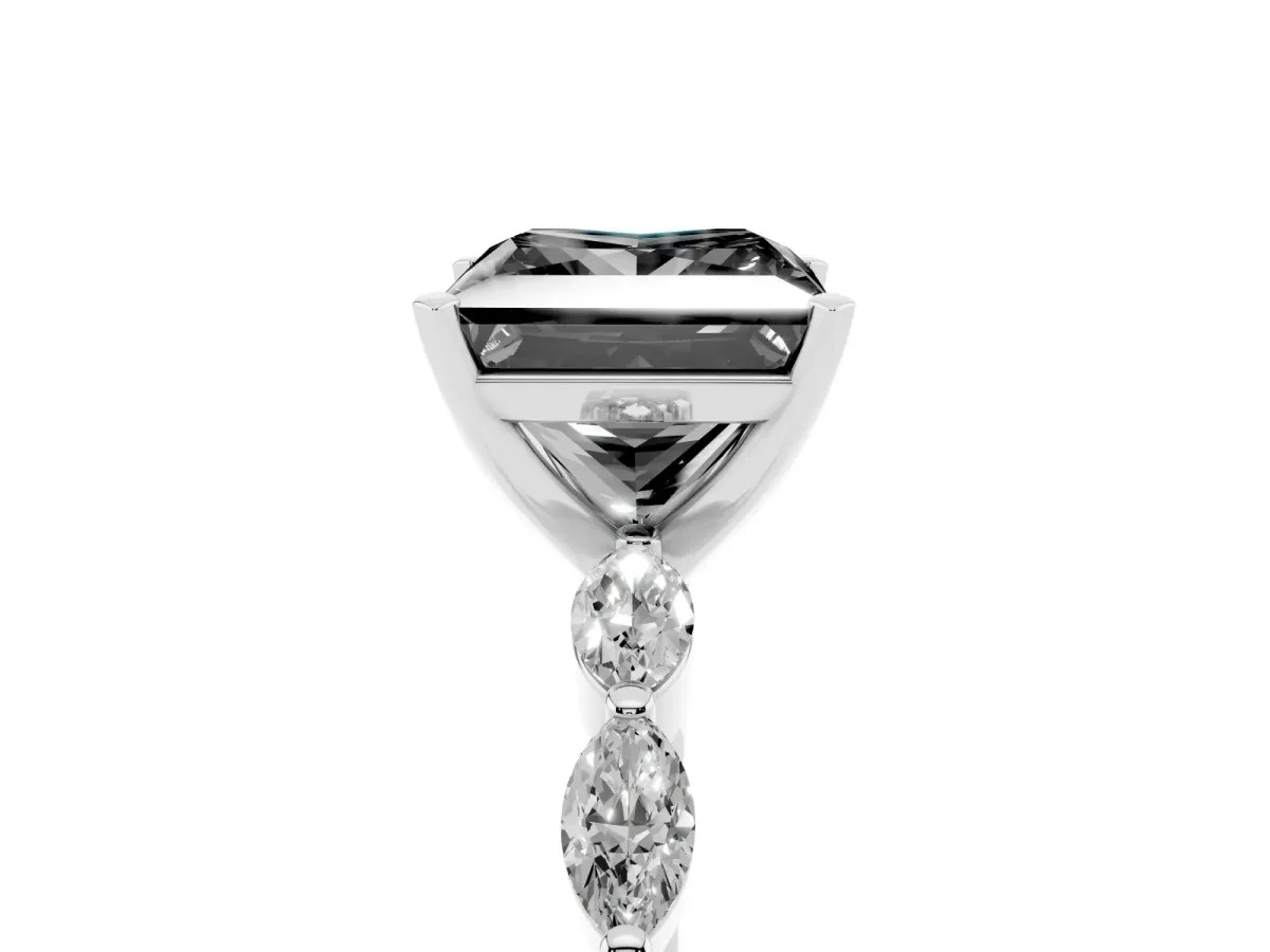 Fancy Black Princess Cut Diamond Ring with Marquise Side Stones and Prong Setting Platinum