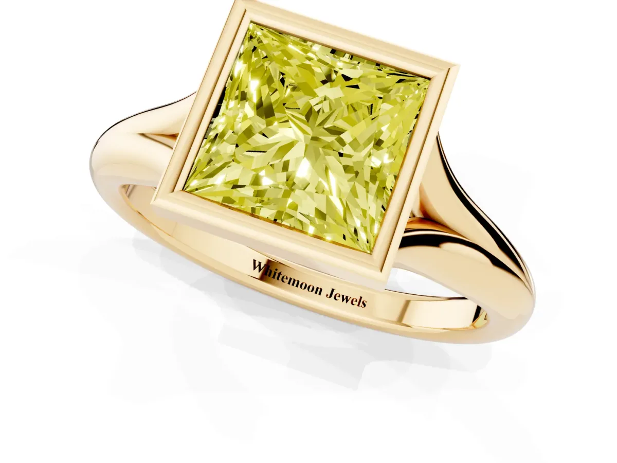 Fancy Yellow Bezel Set Princess Cut Solitaire Diamond Ring with Smooth Band Yellow gold