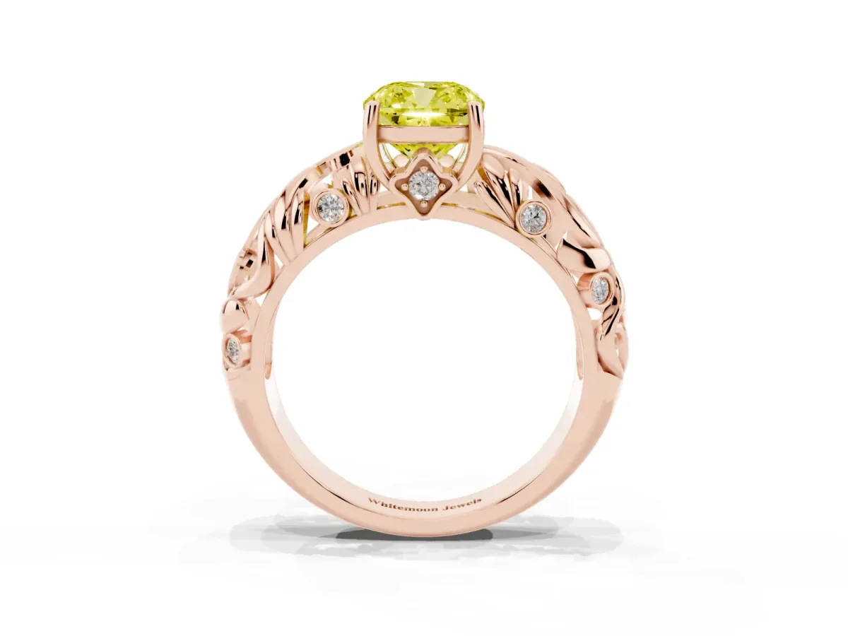 Fancy Yellow Cushion Cut Solitaire Diamond Leaf-Inspired Vine Band Ring with Prong Setting Rose gold