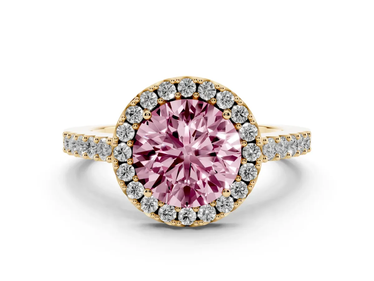 Fancy Pink Round Cut Halo Diamond Pavé Solitaire Ring Yellow gold