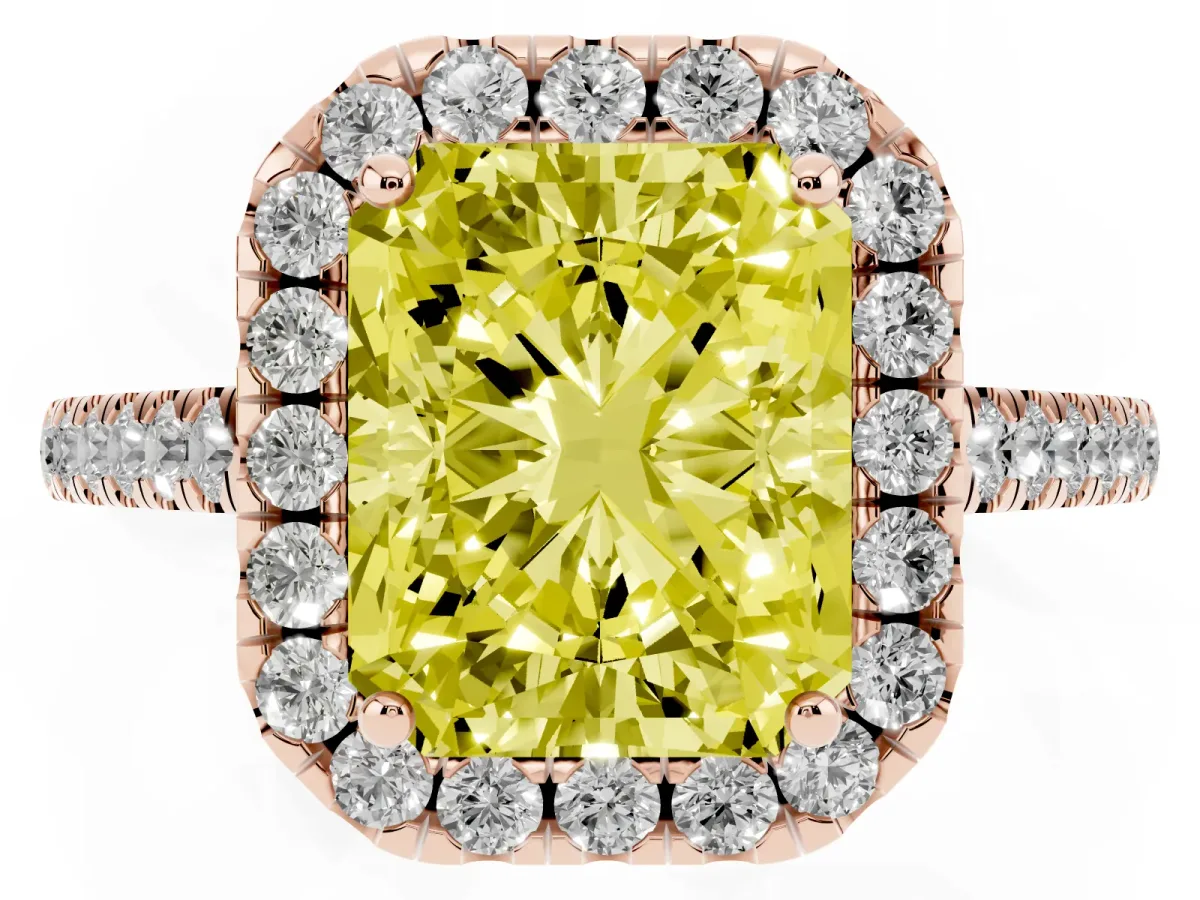 Fancy Yellow Radiant Cut Halo Pavé Diamond Engagement Ring with Four-Prong Setting Rose gold