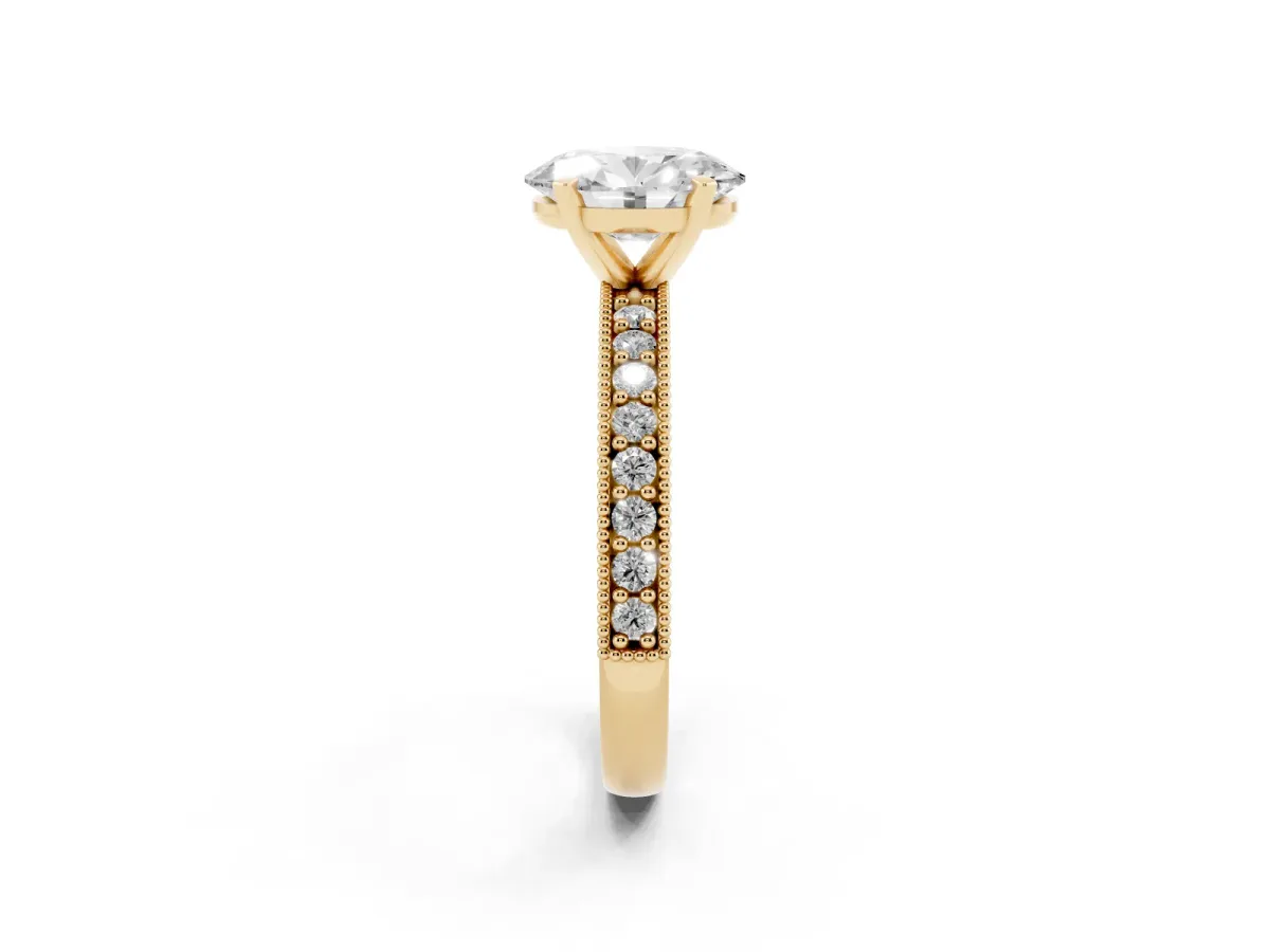 Oval Cut Diamond Milgrain Pavé Engagement Ring with Four-Prong Setting Yellow gold