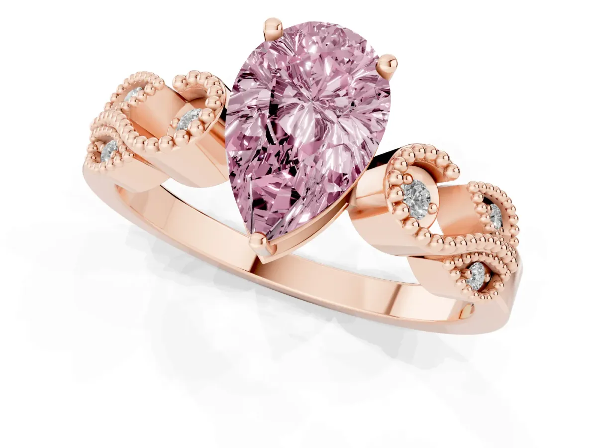 Fancy Pink Pear Cut Solitaire Milgrain Leaf Band with Prong Setting Rose gold