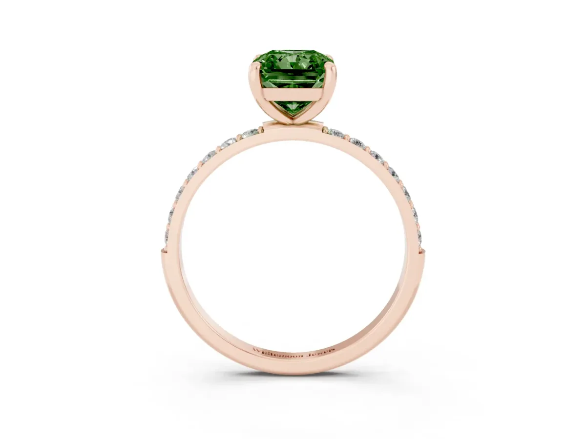 Fancy Green Radiant Cut Diamond Solitaire Ring with Round Pavé Band and Prong Setting Rose gold