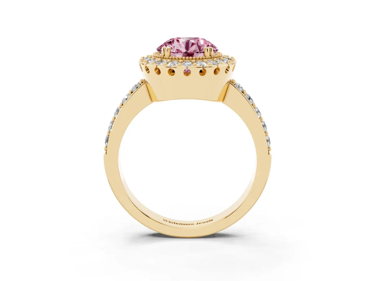 Fancy Pink Round Cut Diamond Halo Ring with Pavé Band and Prong Setting Yellow gold