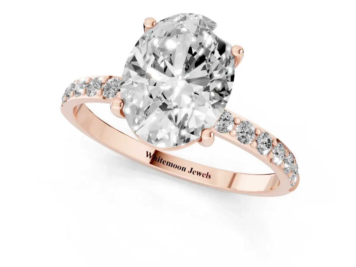 Oval Cut Diamond Solitaire Ring with Round Pavé Shoulders and Prong Setting Rose gold