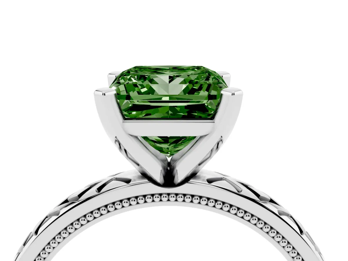 Fancy Green Princess Cut Solitaire Diamond Ring with Milgrain and Black Enamel X Pattern Band Silver