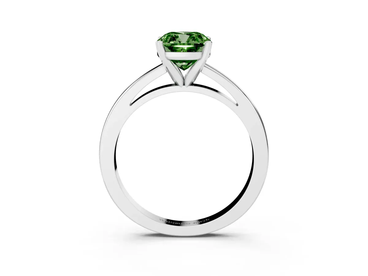 Fancy Green Cushion Cut Solitaire Diamond Engagement Ring with Four-Prong Setting on a Classic Band Silver