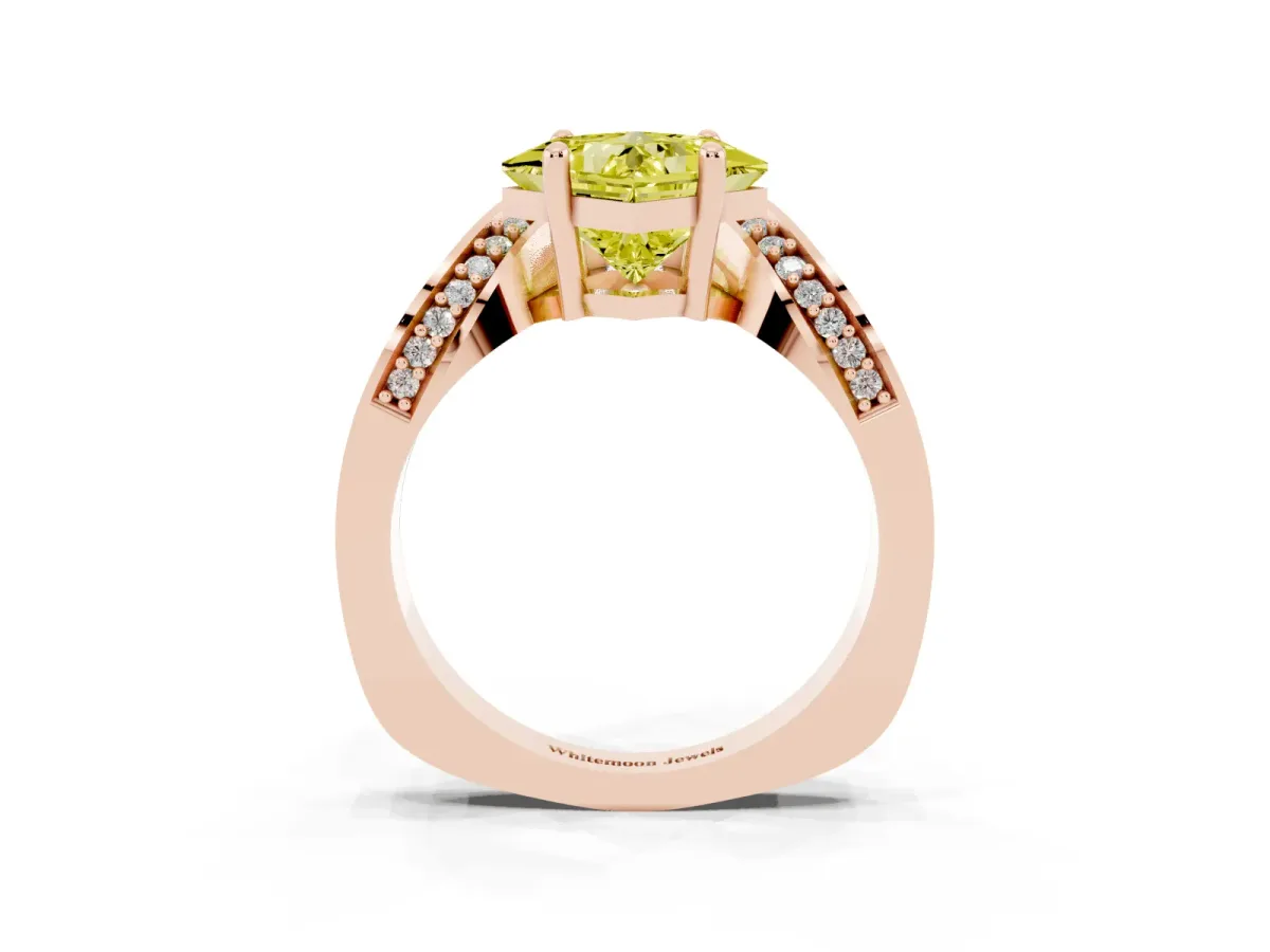 Fancy Yellow Princess Cut Solitaire Diamond Engagement Ring with Pave Band and Four-Prong Setting Rose gold
