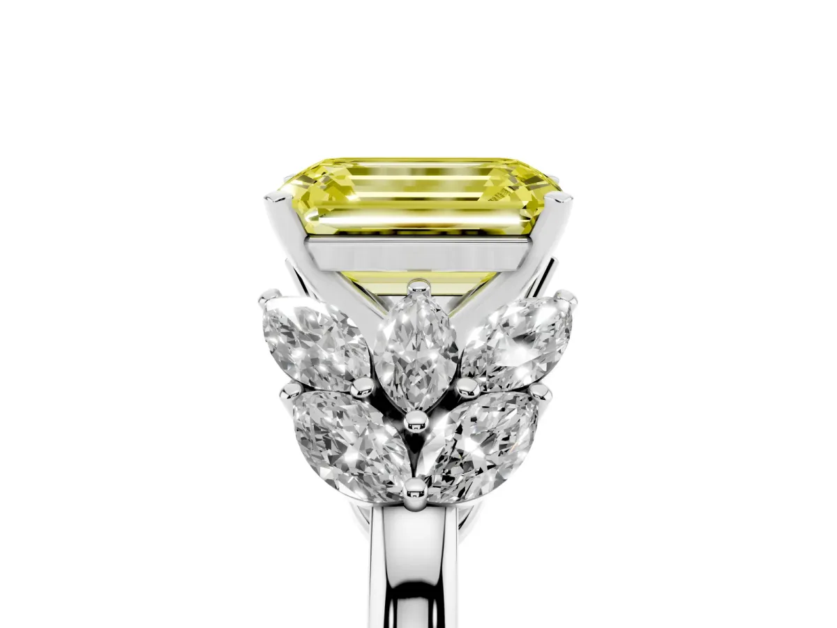 Fancy Yellow Emerald Cut Diamond Cluster Leaf Design Ring with Prong Setting White gold