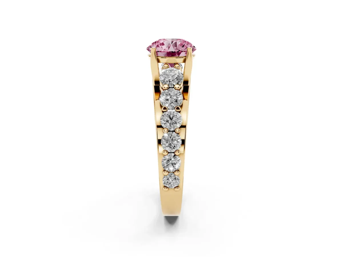 Fancy Pink Round Cut Diamond Engagement Ring with Pavé Band and Four-Prong Setting Yellow gold