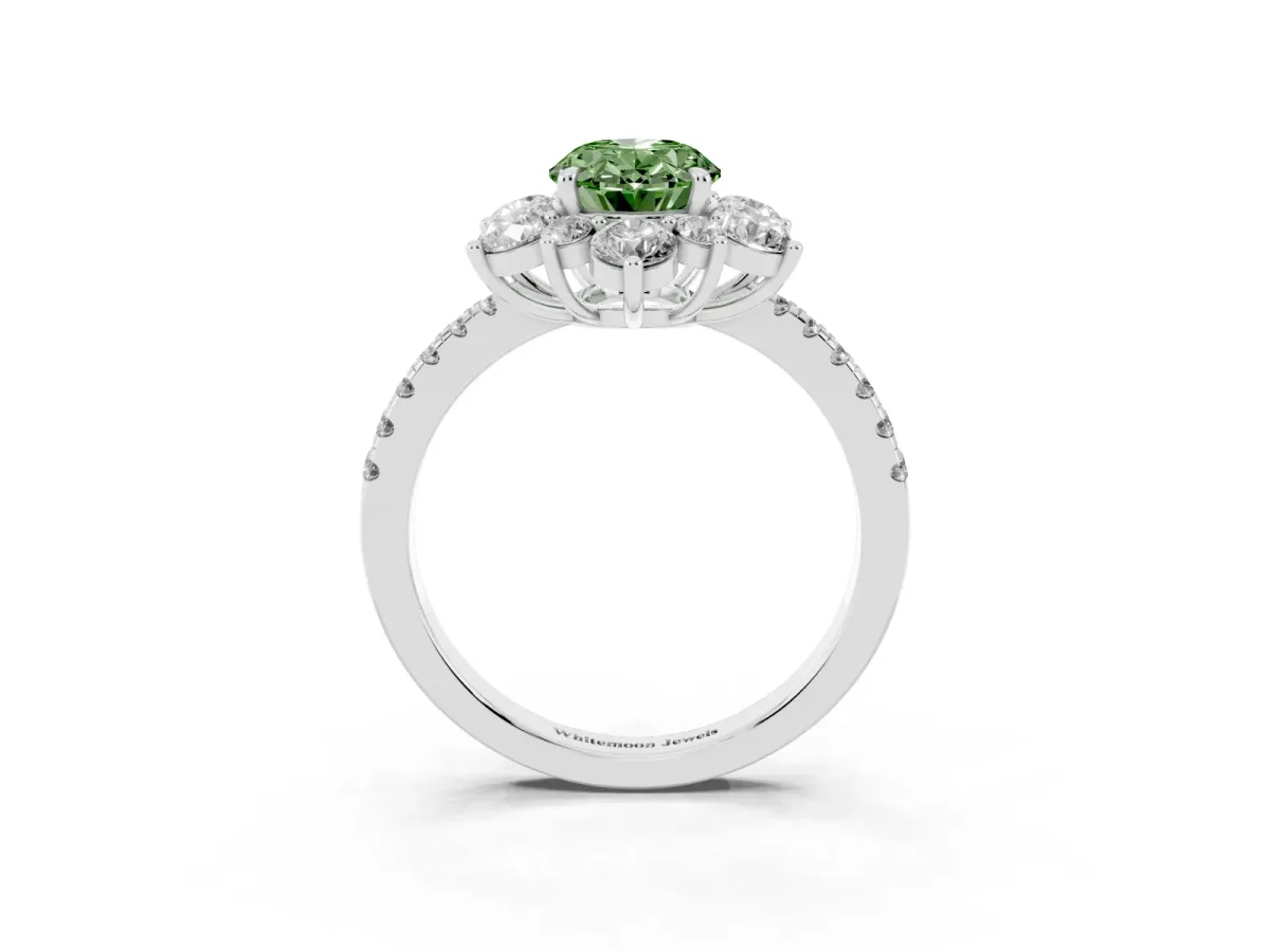Fancy Green Oval Cut Diamond Floral Halo Ring with Round Pavé Band and Prong Setting White gold
