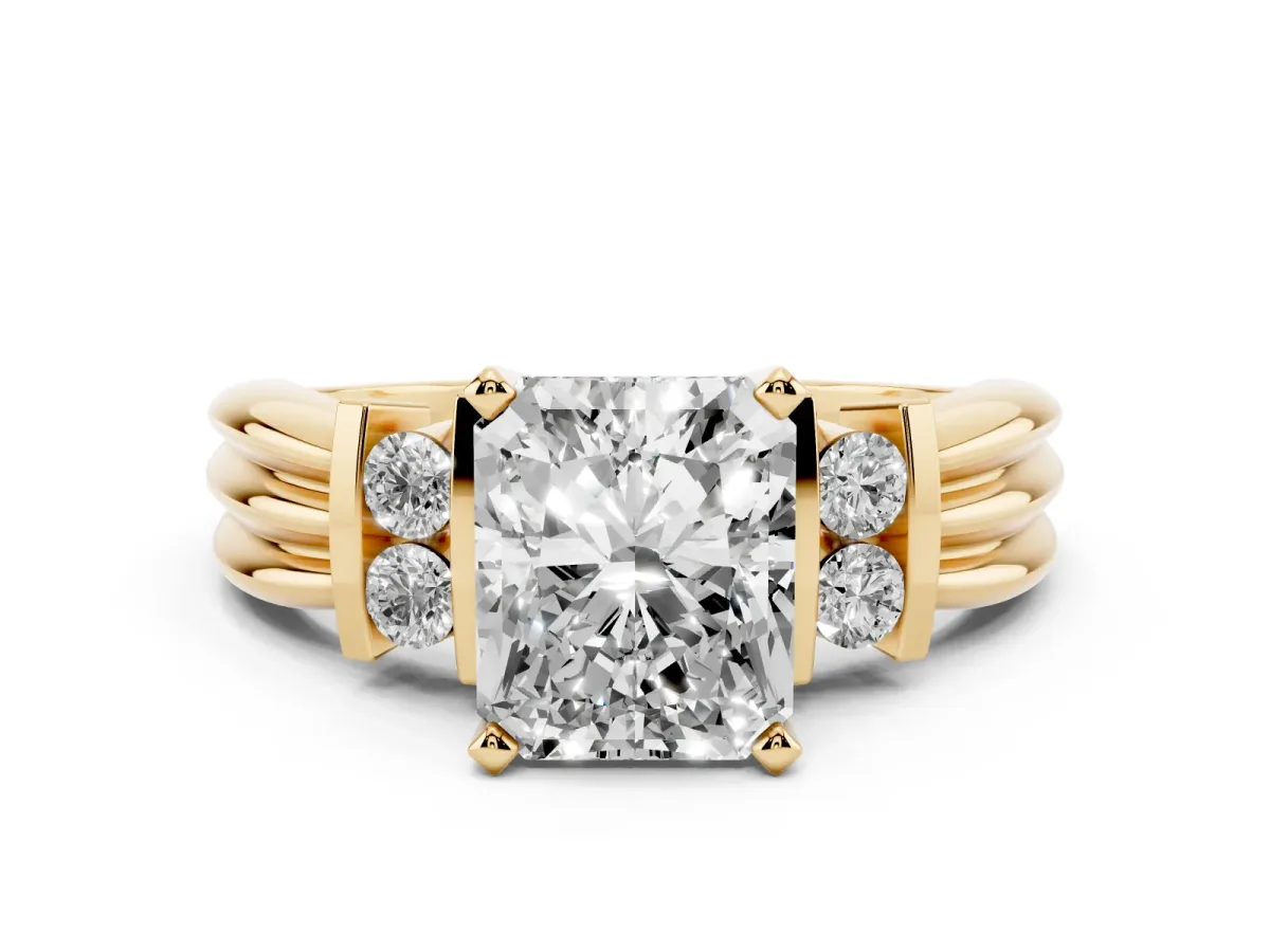 Radiant Cut Cut Three-Stone Channel Set Ring with Bar Prongs Yellow gold