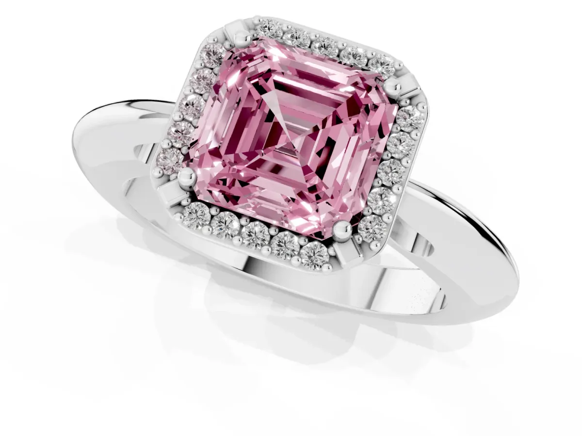 Fancy Pink Asscher Cut Cut Diamond Halo Engagement Ring with Split Shank and Four-Prong Setting Silver