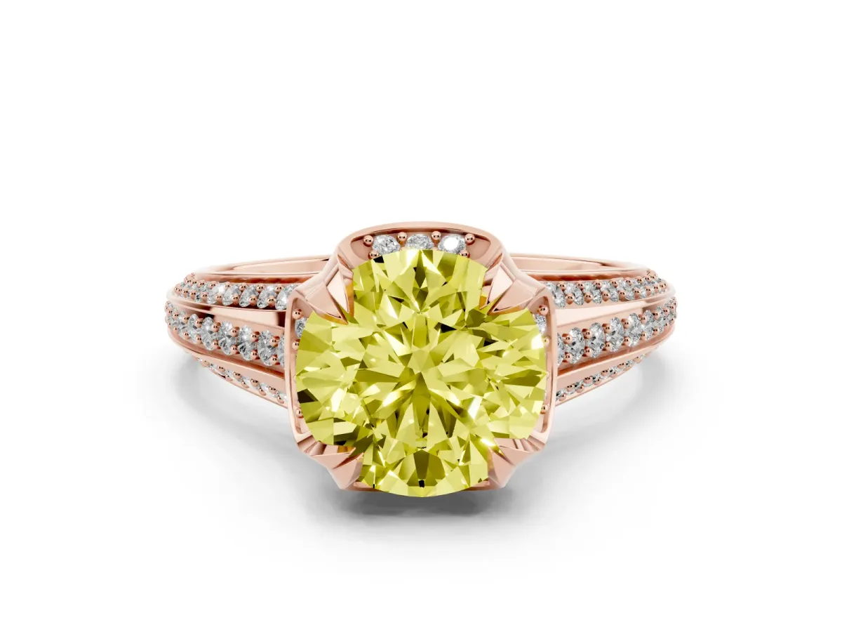 Fancy Yellow Round Cut Solitaire Pave Split Shank Ring with Four-Prong Setting Rose gold