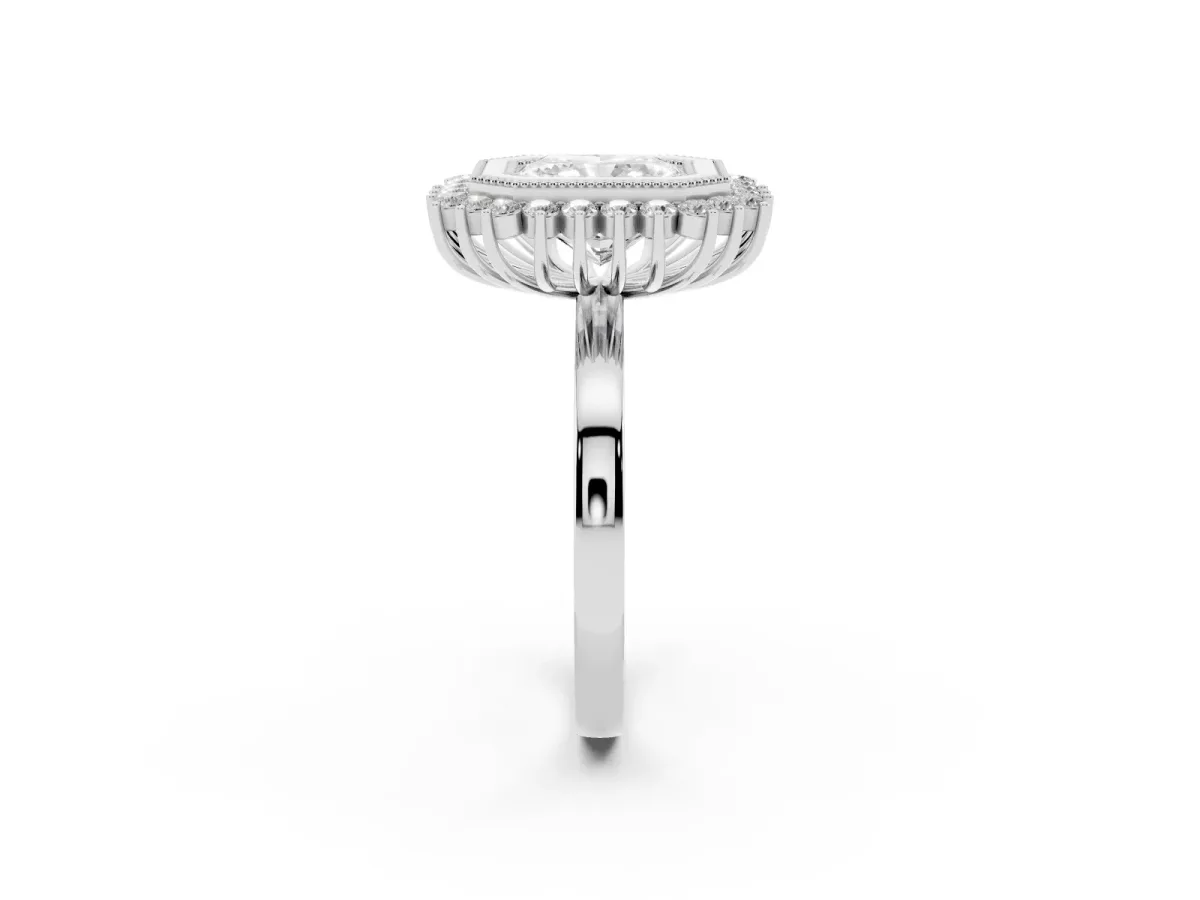 Radiant Cut Halo Diamond Ring with Milgrain Edge and Round Prong Setting Silver
