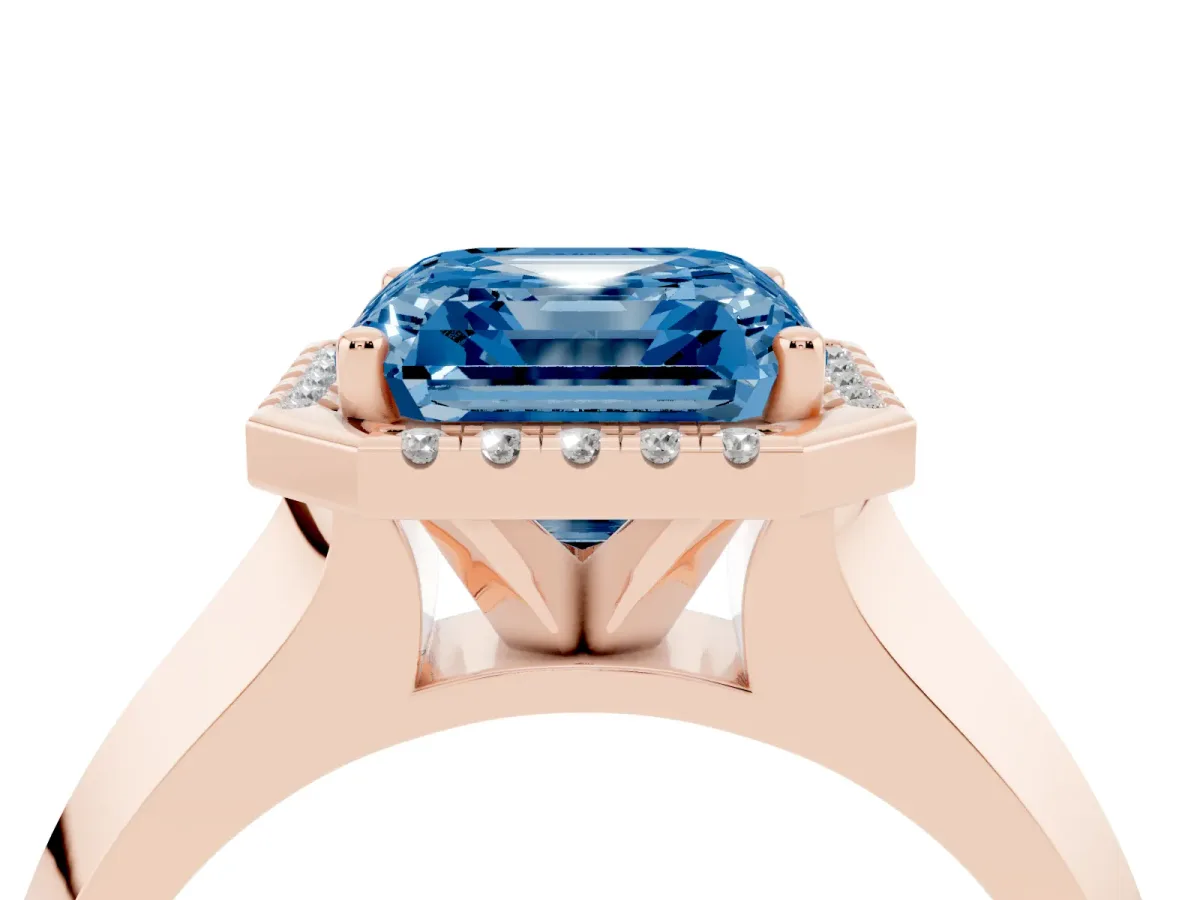 Fancy Blue Asscher Cut Halo Diamond Ring with Cathedral Band and Four-Prong Setting Rose gold