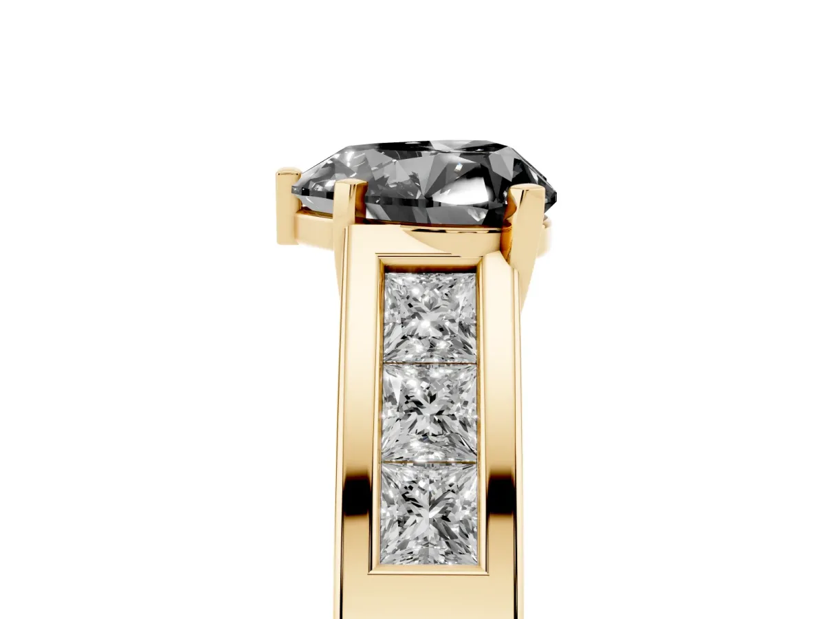 Fancy Black Heart Cut Cut Channel Set Solitaire Ring with Four-Prong Setting Yellow gold