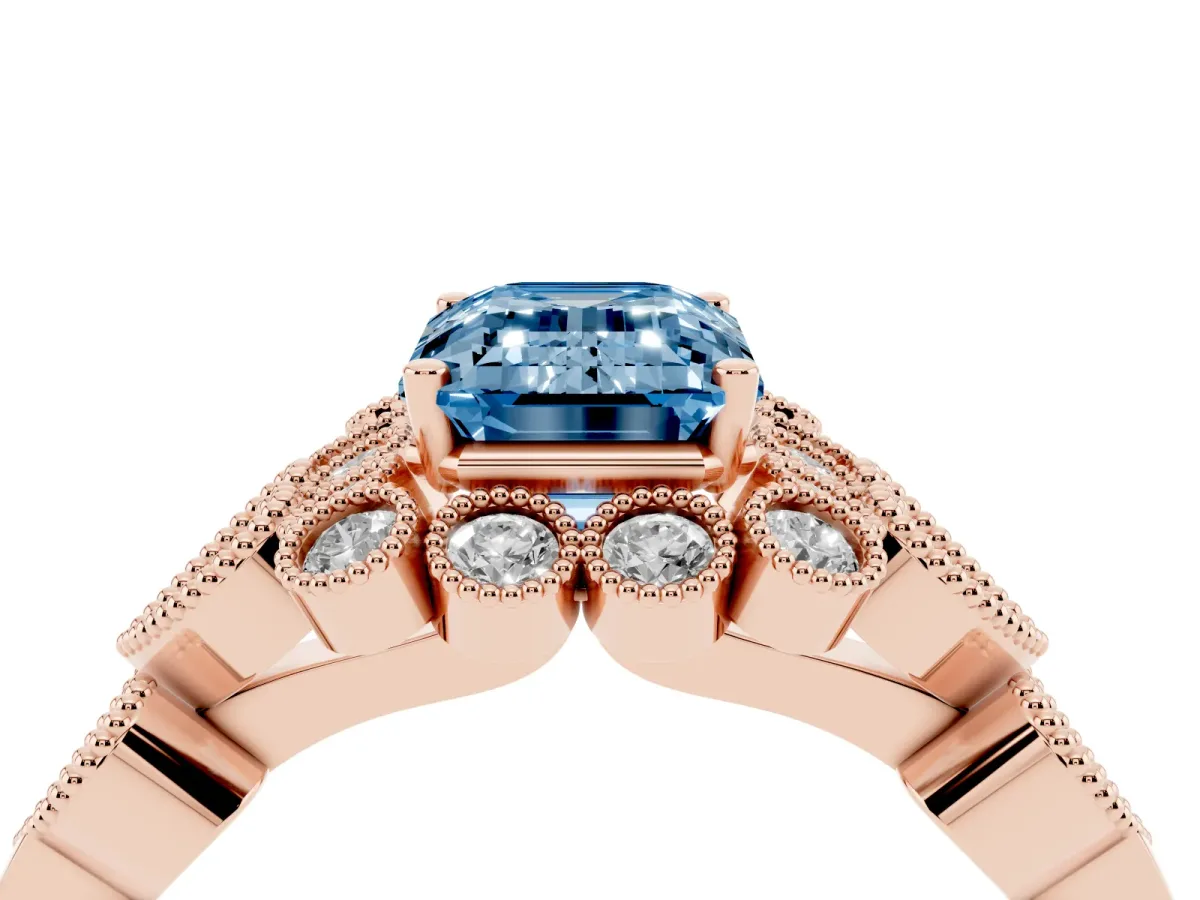 Fancy Blue Emerald Cut Brilliant Milgrain Pave Heart Band Solitaire Ring Rose gold