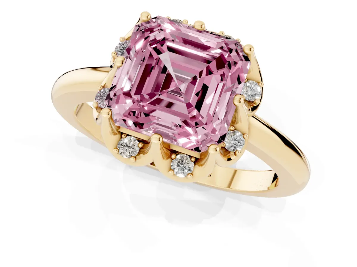 Fancy Pink Asscher Cut Halo Diamond Ring with Round Cluster Setting, Solitaire Band, and Four-Prong Setting Yellow gold