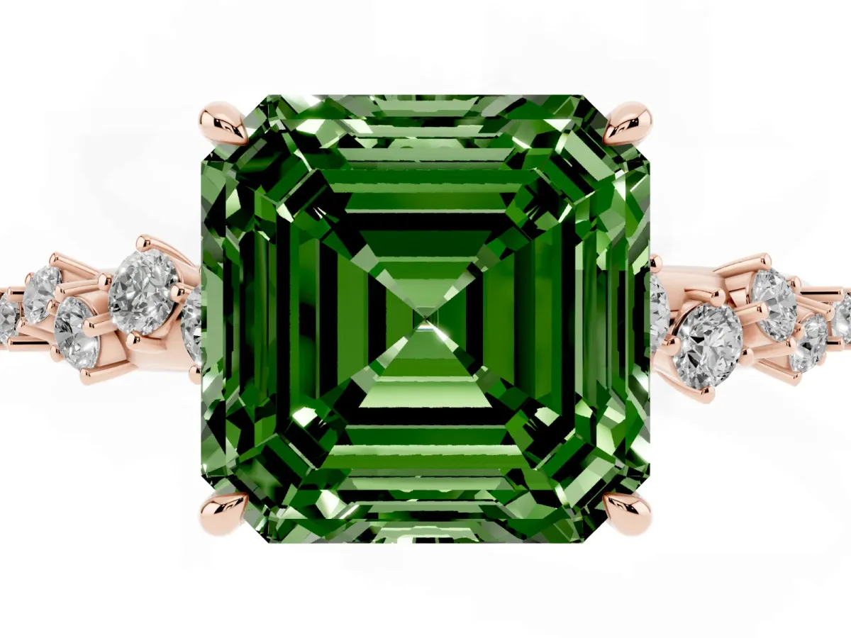 Fancy Green Asscher Cut Diamond Cluster Side Stone Solitaire Ring with Prong Setting Rose gold