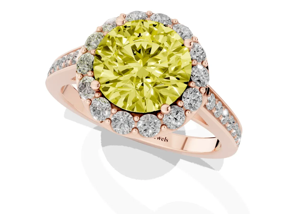 Fancy Yellow Round Cut Diamond Floral Halo Ring with Pavé Band and Prong Setting Rose gold