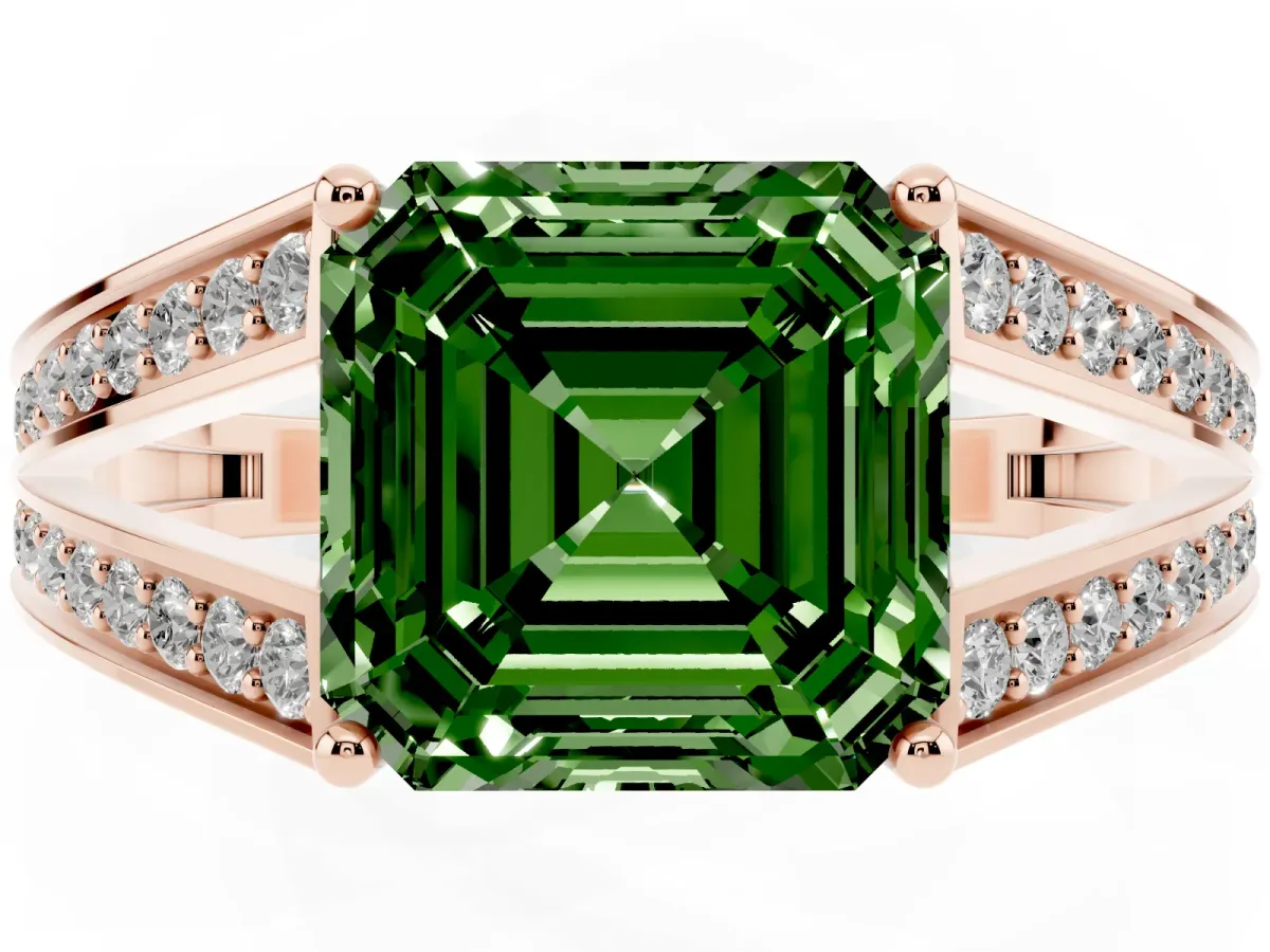 Fancy Green Asscher Cut Diamond Split Shank Ring with Pavé Band and Four-Prong Setting Rose gold