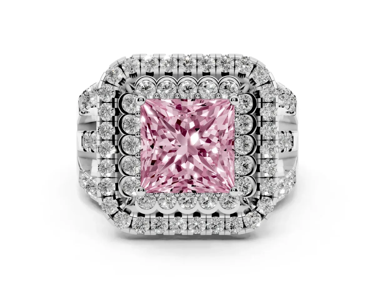 Fancy Pink Princess Cut Diamond Double Halo Ring with Round Pavé Split Shank and Prong Setting Silver