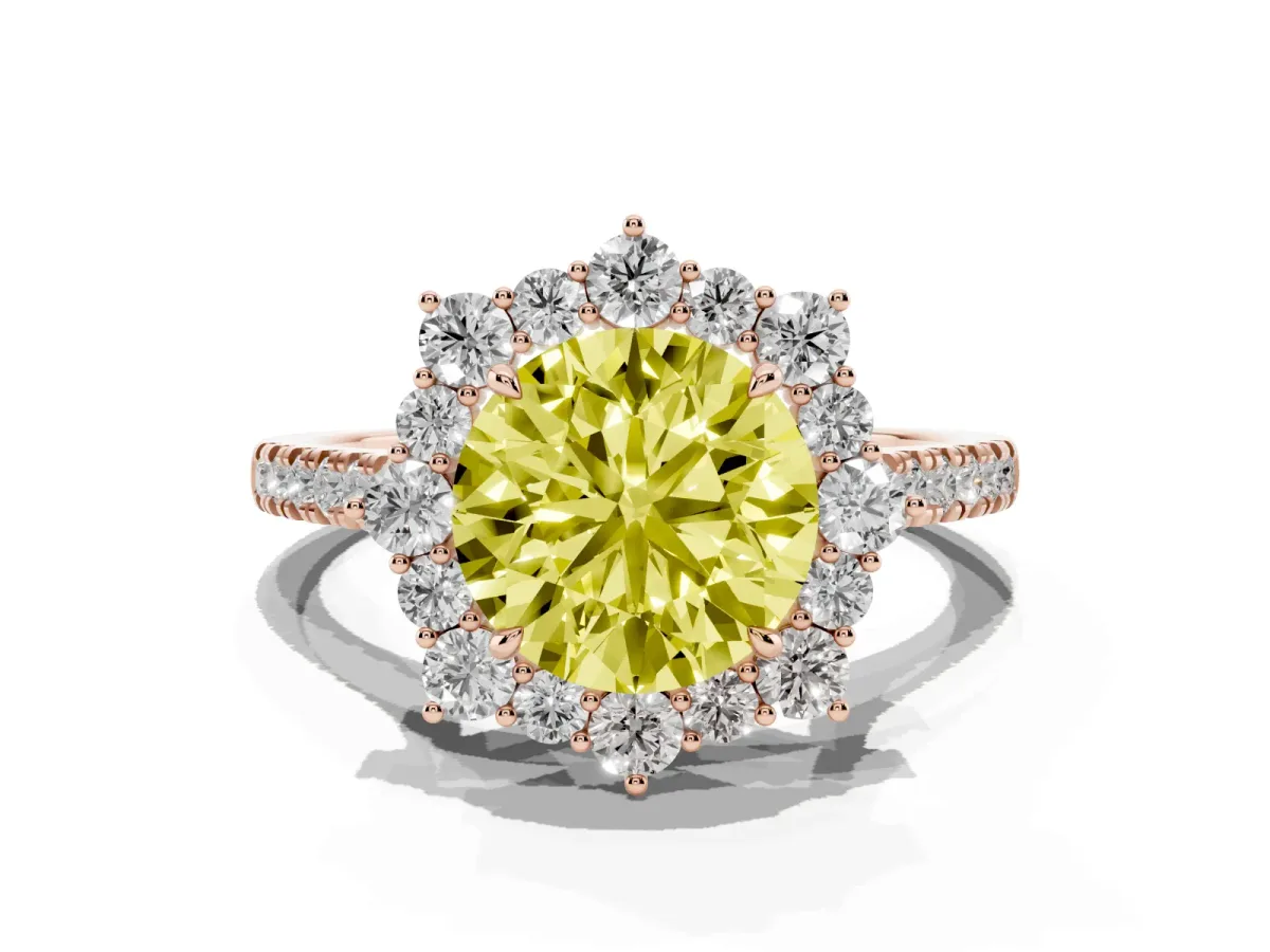 Fancy Yellow Round Cut Halo Diamond Ring with Pavé Band and Prong Setting Rose gold