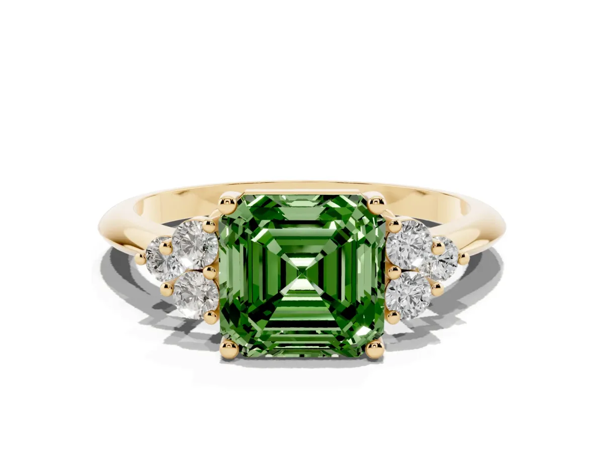 Fancy Green Asscher Cut Cut Diamond Cluster Ring with Solitaire Band and Four-Prong Setting Yellow gold