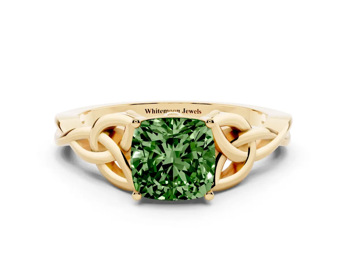 Fancy Green Cushion Cut Diamond Solitaire Engagement Ring with Celtic Knot Band and Four-Prong Setting Yellow gold